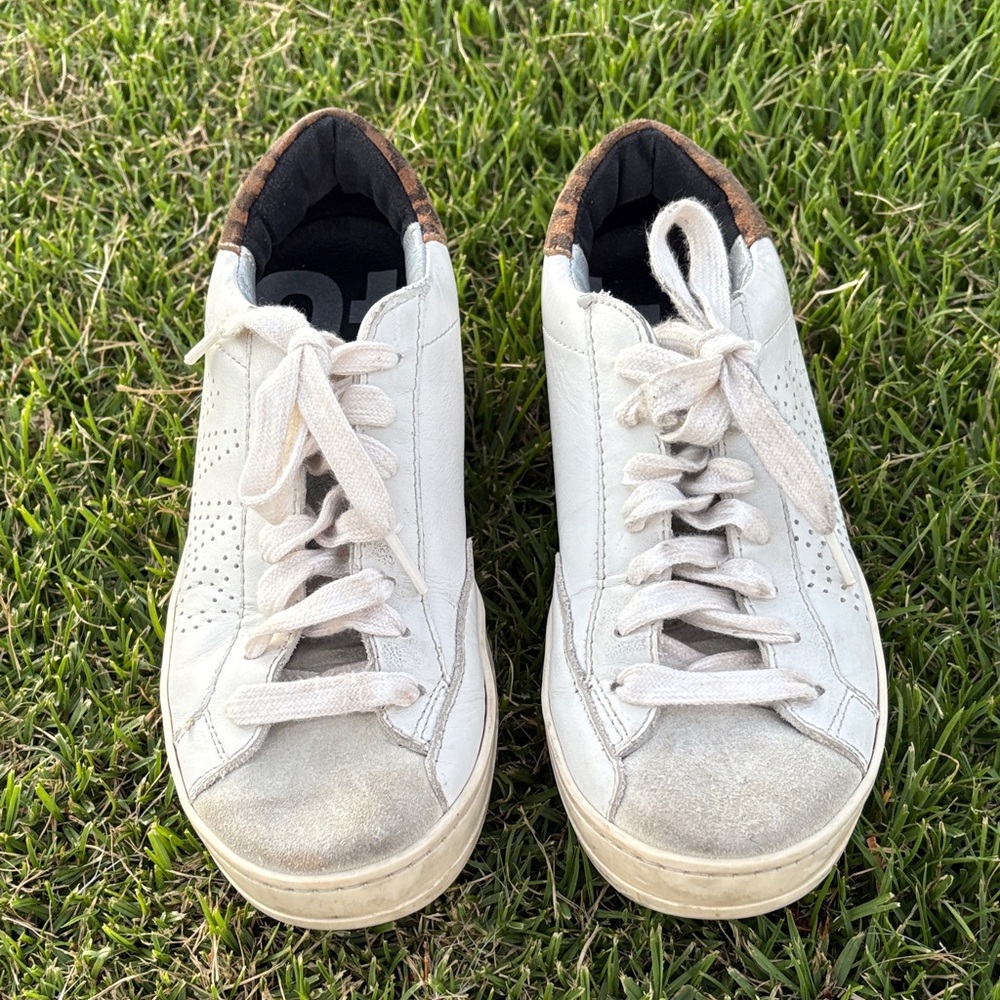 P448 White Sneakers with Brown Leopard Heel Accent